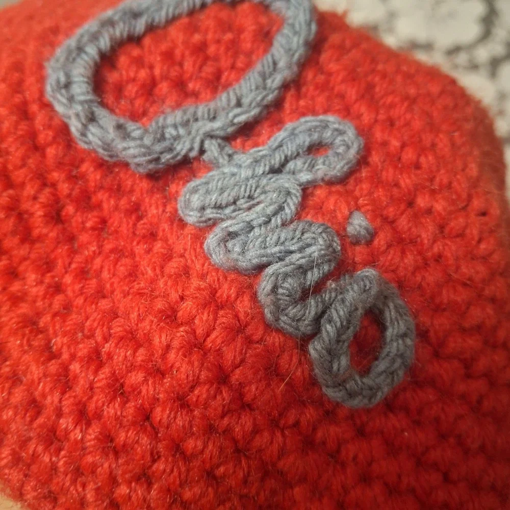 Handmade Red Ohio‎ Crochet Knit Beret Hat Featuring a Brown Acorn